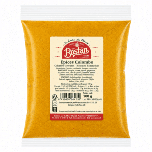 Bag of Colombo spice mix (Épices Colombo) by Bostan with a beige label on an orange package.