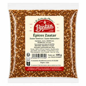 Packet of Bostan Épices Zaatar spice mix with sesame seeds, 100 g, beige label visible on front