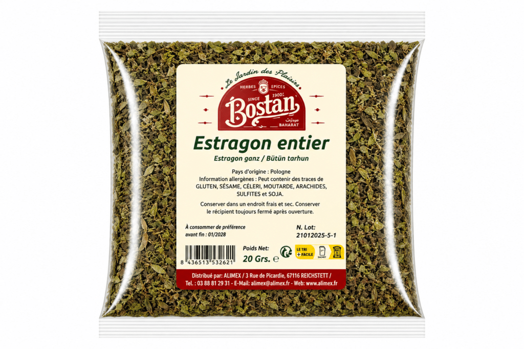 Resealable bag of dried whole tarragon (Estragon entier) with a beige Bostan label on it.
