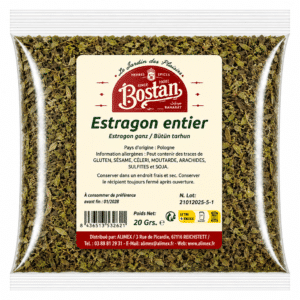 Resealable bag of dried whole tarragon (Estragon entier) with a beige Bostan label on it.