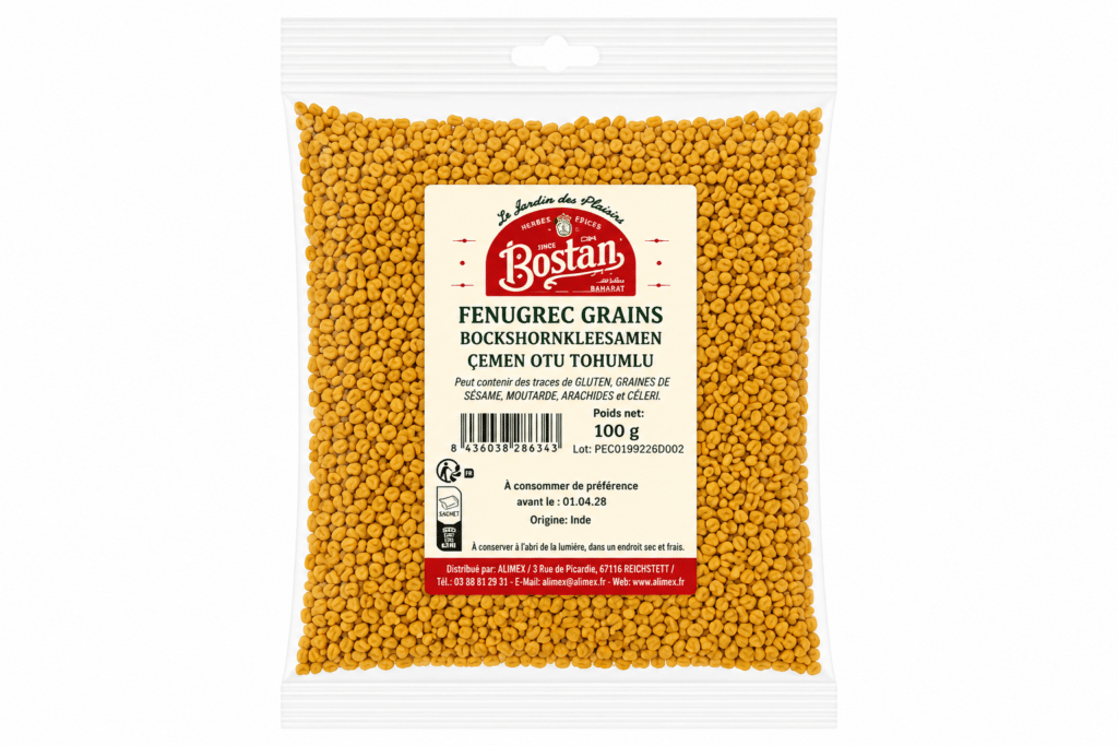 Bag of fenugreek grains with a beige label showing the Bostan brand and 100 g on the packaging (informational product image).