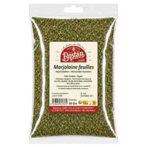 Clear plastic bag of dried marjoram leaves with a beige label reading 'Marjolaine feuilles' (marjoram) and brand 'Bostan' on the front.