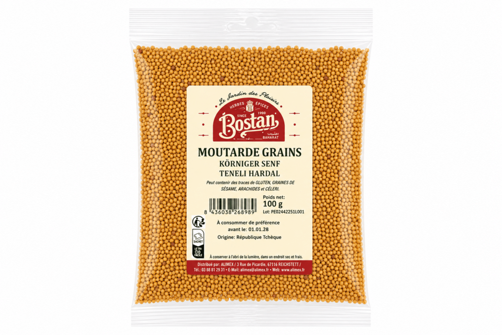 Bag of Bostan mustard grains (100 g) in a clear plastic pouch with beige label and red logo.