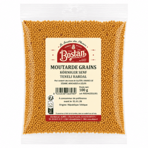 Bag of Bostan mustard grains (100 g) in a clear plastic pouch with beige label and red logo.