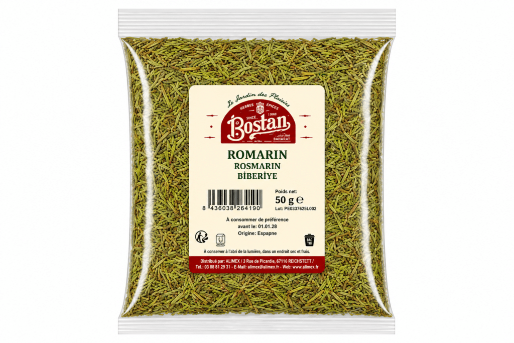 Bag of dried rosemary in a clear plastic package with a beige label reading 'ROMARIN' (rosemary) and brand name 'Bostan' visible; net weight 50 g; Spanish origin label visible on the front.