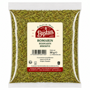 Bag of dried rosemary in a clear plastic package with a beige label reading 'ROMARIN' (rosemary) and brand name 'Bostan' visible; net weight 50 g; Spanish origin label visible on the front.