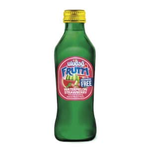 Green glass Frutti bottle with yellow cap; label reads Watermelon Strawberry flavored sparkling natural mineral water (Preservative Free)