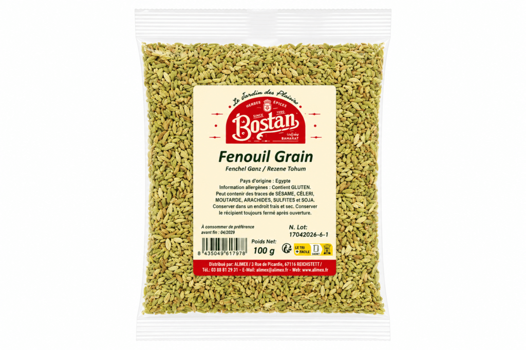 Clear plastic bag filled with fennel seeds, label reads 'Fenouil Grain' and 'Bostan' on cream background