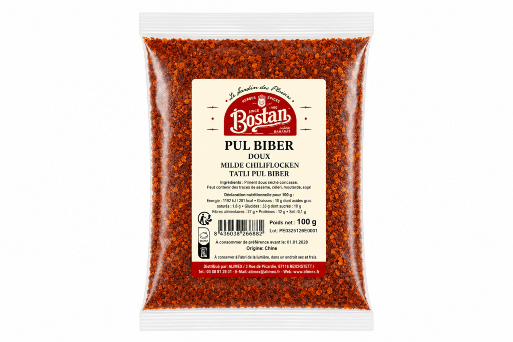Bag of red chili flake seasoning (pul biber) in a clear plastic pouch with a beige label reading 'Bostan' and ingredients list (100 g)