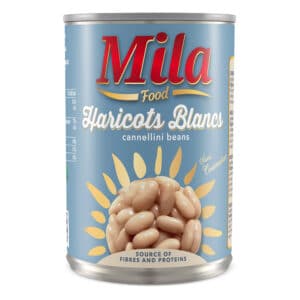 Haricots blancs MILA en boîte 4/4, légumineuses prêtes à cuisiner.