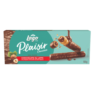 Gaufrettes rolls aux noisettes enrobées de chocolat au lait PLAISIR 100 g, biscuit roulé croustillant et fondant.
