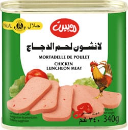 Mortadelle de poulet halal ROBERT 340 g, charcuterie de volaille prête à trancher.