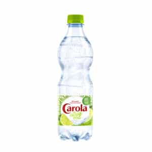 Plastic bottle of Carola lemon-lime sparkling water with a green cap and lime label