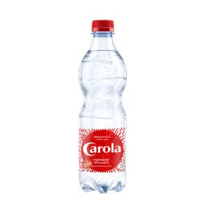 Plastic bottle of Carola sparkling water with a red cap and red label, 500 ml capacity, on a white background