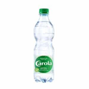 Plastic bottle of Carola mineral water with a green cap and green label, 50 cl, lightly sparkling.
