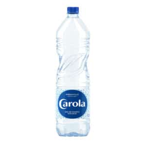 Clear plastic bottle of Carola natural mineral water with blue label and cap on white background.