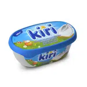 Kiri soft cheese spread tub with blue lid (500 g) and green label showing countryside artwork and brand name.