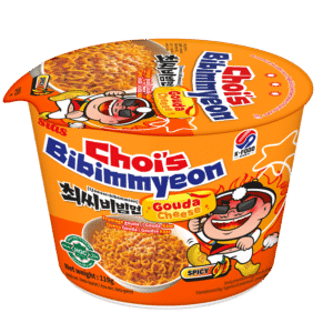Cup of spicy Gouda cheese-flavored instant noodles in bright orange packaging with a cartoon mascot and halal logo visible on the lid.