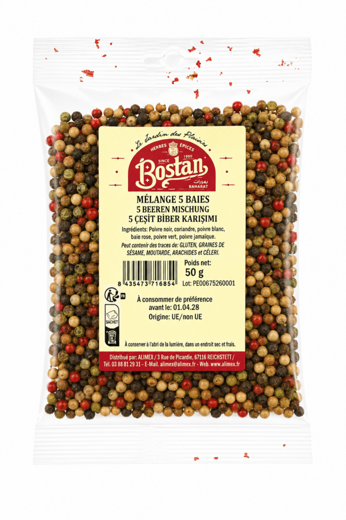 Bag of mixed peppercorns (Mélange 5 Baies) with a yellow label and Bostan logo visible on the front.