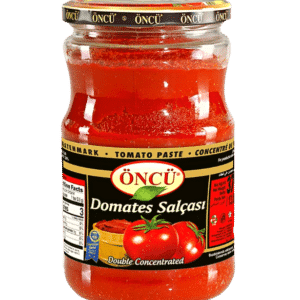 Jar of Öncü tomato paste labeled 'Domates Salçası' with tomatoes on the label