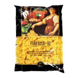 Bag of Farfalle pasta labeled Farfalle-82, with a classic painting on the top half and yellow bow-tie pasta visible on the bottom half of the package.