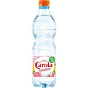 Plastic bottle of Carola citrus soda with an orange cap on a white background, label reads 'Carola' citrus flavor.