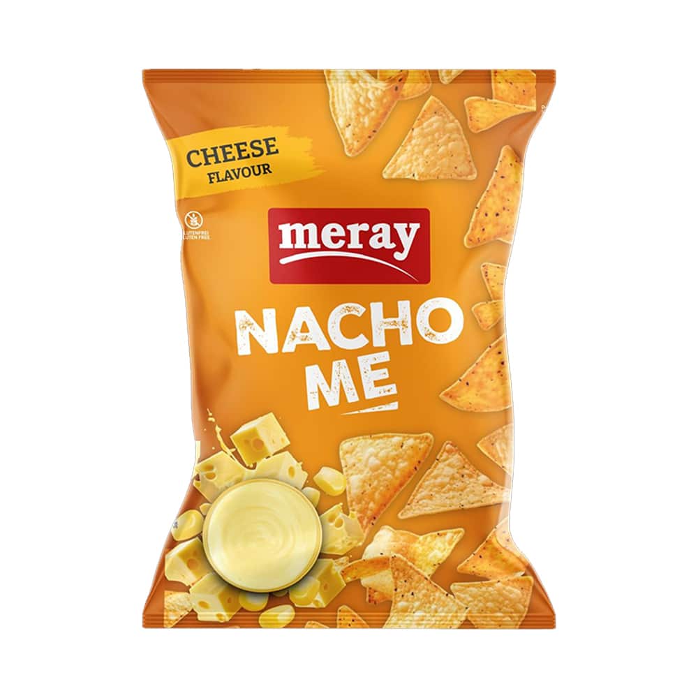 Meray Nacho Me cheese-flavor tortilla chips bag with cheese dip image