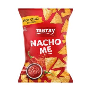 Bag of Meray Nacho Me chips in hot chili flavor with scattered triangular tortilla chips and red dip image on front.