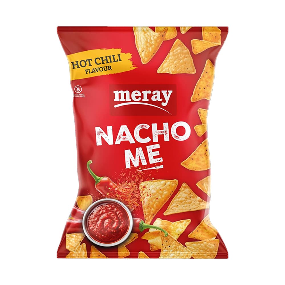 Bag of Meray Nacho Me chips in hot chili flavor with scattered triangular tortilla chips and red dip image on front.