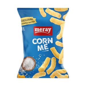 Blue bag of Meray Corn Me original lightly salted corn snacks, with a small bowl of salt visible on the left.