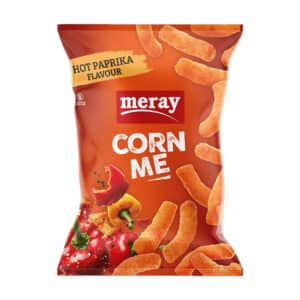Meray Corn Me bag of hot paprika-flavored corn snacks, front view with scattered pieces and peppers