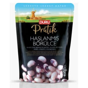 Duru Pratik ready-to-eat black-eyed beans in a black pouch with a blue sky top and windmill graphic; shows 400 g weight.