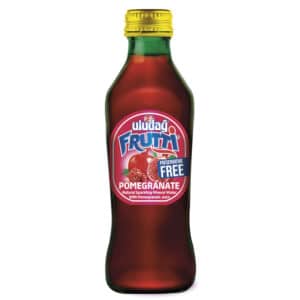 Pomegranate juice drink in a dark glass bottle with a yellow cap and pink label reading Uludağ Frutti – Preservative Free Pomegranate