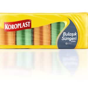 Yellow Koroplast sponge pack with sponges visible through window; contains 5 pieces (Bulaşık Süngeri)