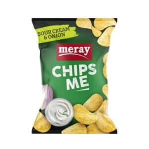 Meray Sour Cream & Onion potato chips bag with chips around and a dip cup on the front (snack packaging).
