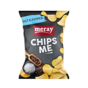 Meray Chips Me bag featuring salt & pepper flavor with potato chips and salt image on dark background