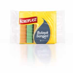 Yellow Koroplast sponge pack with orange, green, and blue sponges visible through clear plastic packaging.
