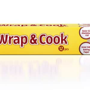 Koroplast Wrap & Cook yellow box with red logo, showing inner baking paper and outer aluminum foil, 12 pcs, with vegetables on the right side of the packaging