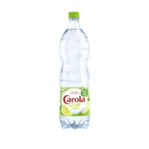 Plastic bottle of Carola natural lime flavored water with a green cap and lime labeled label on a white background