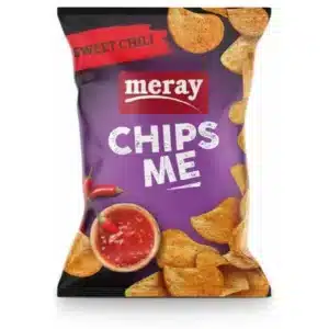 Bag of Meray Chips Me sweet chili flavored potato chips, purple packaging with red Meray logo and scattered chips image.