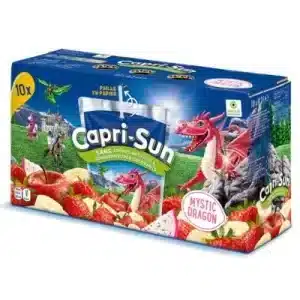 Capri-Sun 10-pack juice boxes with a blue dragon-themed package, featuring strawberry imagery and a 'Mystic Dragon' flavor label.