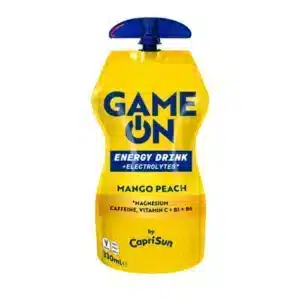 Yellow pouch labeled Game On Energy Drink Mango Peach with a blue pour cap and electrolyte notes