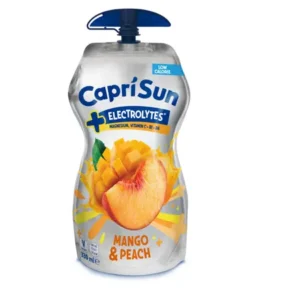 Capri Sun Electrolytes Mango & Peach juice pouch with blue resealable cap, featuring a mango and peach graphic.