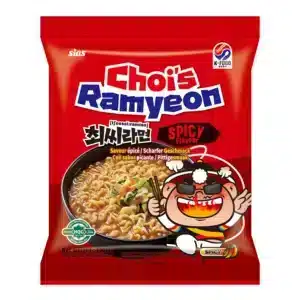 Red bag of Chois Ramyeon instant noodles featuring a cartoon mascot and a bowl of spicy ramen