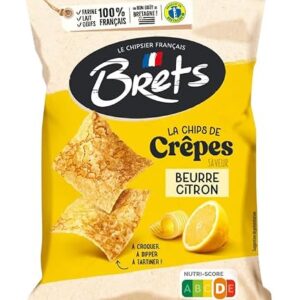 Bag of Brets La Chips de Crêpes Beurre Citron lemon butter flavor on a yellow packaging with a lemon image and crisps.