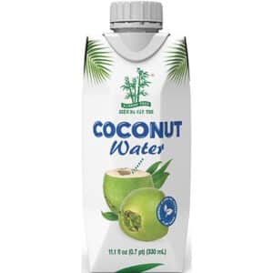 Carton of coconut water with a green coconut image and straw, labeled 'Coconut Water' (11.1 fl oz / 330 mL).