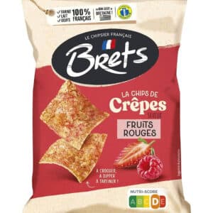 Bag of Bret's crêpe chips in fruits rouges flavor, red packaging with strawberries and raspberries.