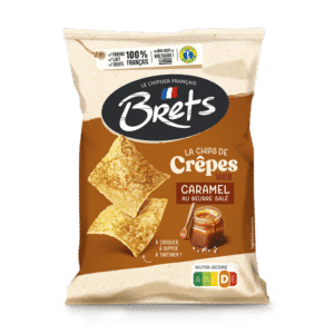 Bag of Brets crisps, Crêpes flavor caramel au beurre salé, showing two square chips and a caramel image on the front.