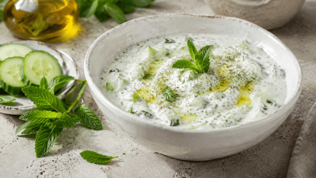 Cacik turc aux herbes fraîches servi dans un bol.